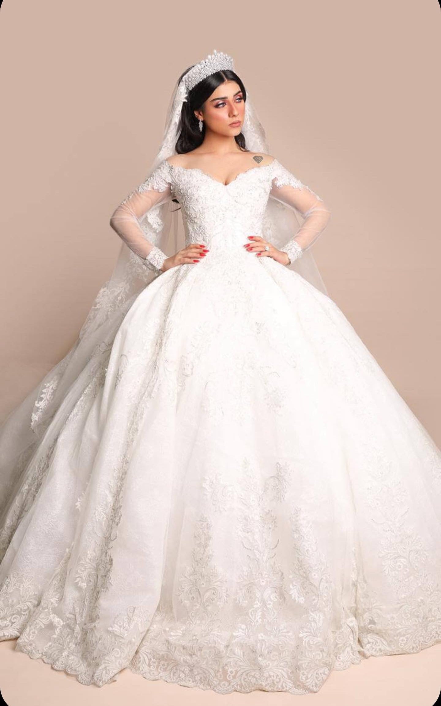 فستان زفاف + طرحة ملكية طويلة